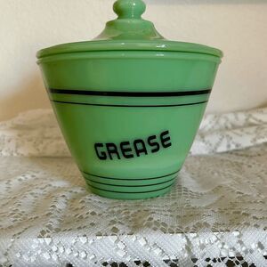 Jadeite Green Depression Style Glass Grease Jar with Lid, Black Band